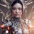 Realistic Female Face on Humanoid Robot with Detailed Mechanical Body