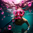 Underwater Diver with Pink Mask Surrounded by Bubbles