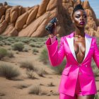 Woman in Vibrant Pink Dress on Desert Road with Rocky Formations