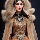 Fashion Model in Sparkling Gold Top & Fur Collar Beige Coat