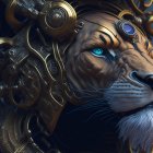 Steampunk-style lion with metal adornments and gears