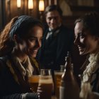 Two women toasting with beers in dimly lit vintage setting