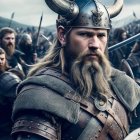 Bearded man in Viking helmet leads army with determination