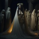 Bride surrounded by cloaked figures in dark, candlelit setting