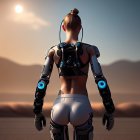 Futuristic robotic figure gazes at sun over desert mountains