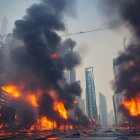 City street with burning vehicles and skyscraper silhouette in smoky scene