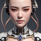 Detailed photorealistic image of female android with headphones and intricate facial and neck features.