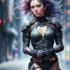 Futuristic armored woman with purple hair in neon-lit urban scene