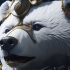 Realistic white polar bear in golden armor with intricate designs and blue eyes