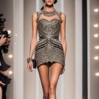 Runway model in glittery sleeveless mini dress, headpiece, clutch, and high heels