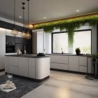 Sleek modern kitchen with hanging plants, white cabinets, central island, and ambient lighting