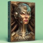 Futuristic female warrior in ornate armor on teal background - "JIRADPORI