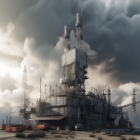 Industrial complex with towering structures and smokestacks under gloomy sky.