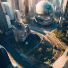 Futuristic cityscape with skyscrapers and spherical structure in golden sunlight