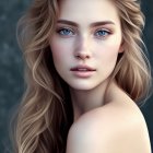 Woman with Wavy Hair and Blue Eyes Portrait on Muted Background