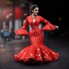 Elegant woman in red flamenco dress with polka dots on cobblestone street.