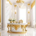 Luxurious Interior with Marble Floors, Gold Accents, Chandelier, and Floral Adorned Reception