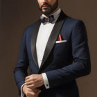 Elegant man in black tuxedo with bow tie and pocket square poses confidently