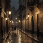 Night scene: Two individuals stroll on rain-soaked cobblestone street under warm streetlights, mist