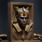 Egyptian Pharaoh Sculpture with Traditional Headdress and Hieroglyphic Frame