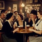 Vintage bar scene with elegantly dressed people enjoying beer and conversation