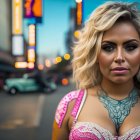 Blonde woman in pink lace top on city street at dusk