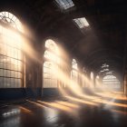 Abandoned industrial hall with large arched windows and decayed interior