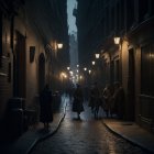 Vintage-style photo: People in period clothing walking down foggy, lamp-lit alleyway