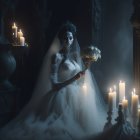 Dark Gothic Bride Portrait with Bouquet and Candles