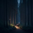 Tranquil forest pathway with misty trees under twilight glow