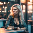 Blond woman with tattoos in denim jacket at cafe table