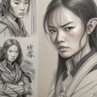 Fictional Female Warrior Sketches: Asian Features, Intense Gaze, Side Profile, Action