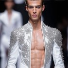 Male model showcases white ornately embellished jacket on runway