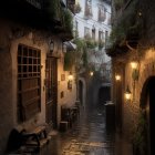 Historic cobblestone alley with lanterns and rustic buildings