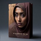 Woman in hijab blends with book cover "HUMAN WIM" in seamless fusion