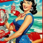 Smiling woman in blue polka dot dress with Coca-Cola bottle at soda dispenser