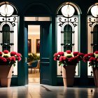 Sophisticated Entrance with Arched Black Doors & Windows, Vibrant Flower Pots
