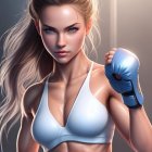 Blonde female boxer in white sports bra and glove gazes intently.