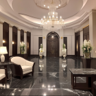 Luxurious Hotel Lobby with Marble Floors and Grand Chandelier