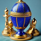 Luxurious Fabergé egg with blue enamel, gold trim, crystals, golden chess pieces on blue