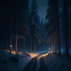 Snowy forest path illuminated by lanterns among snow-covered trees