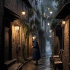 Mysterious figure in cloaked alley at dusk or dawn