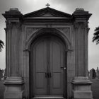 Monochrome image: Ornate mausoleum entrance with stone columns and wooden door
