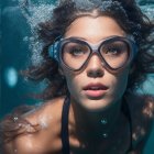 Young woman underwater with goggles, bubbles, flowing hair, and light filtering