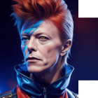 Portrait of person with red and blue lightning bolt, red hair, blue and black jacket, against dark