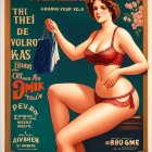 Vintage advertisement poster with woman in red swimwear and blue bag, floral designs.