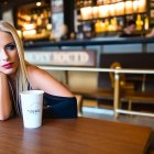 Blonde woman sitting at wooden table in café with cup, blurred bar background