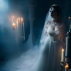 Bride in white dress and veil in candlelit, blue-tinted room