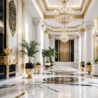 Luxurious interior with marble floors, gold accents, chandeliers, and grand columns.