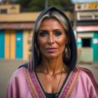 Woman in Pink Embroidered Top with Hoop Earrings on Blurred Door Background